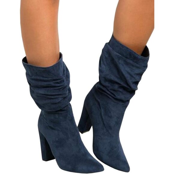 🆕Women's Navy Suede Mid Calf High Slouchy Chunky Heel Block Pointed Toe Boots - Picture 8 of 10